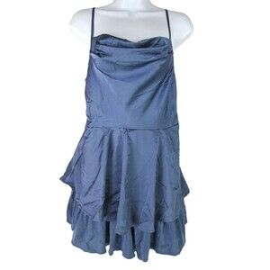 CIDER Steele Blue Satin Mini Romper L Adjustable Straps Tiers Polyester Span R15